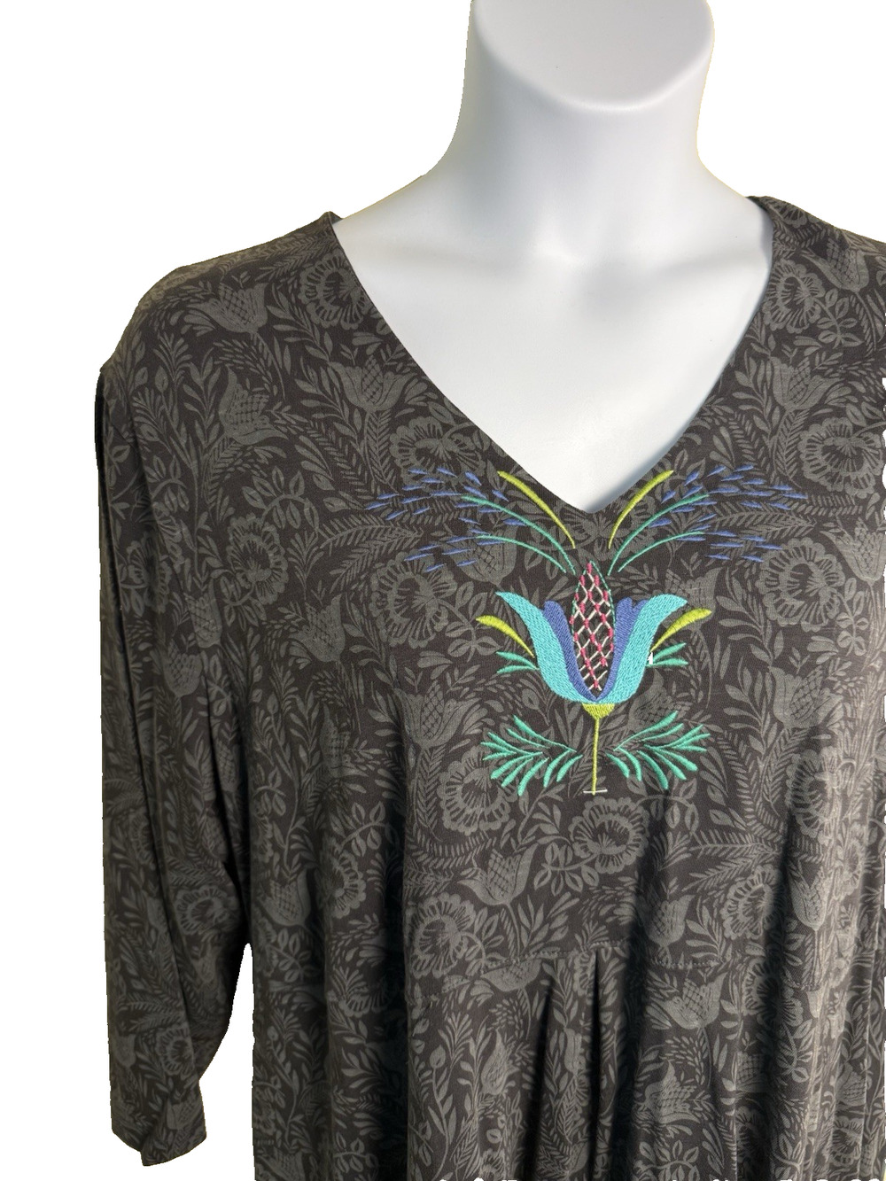Gudren Sjoden Gray FloralJersey Dress Embroidered XXL Lagenlook Boho Artisan